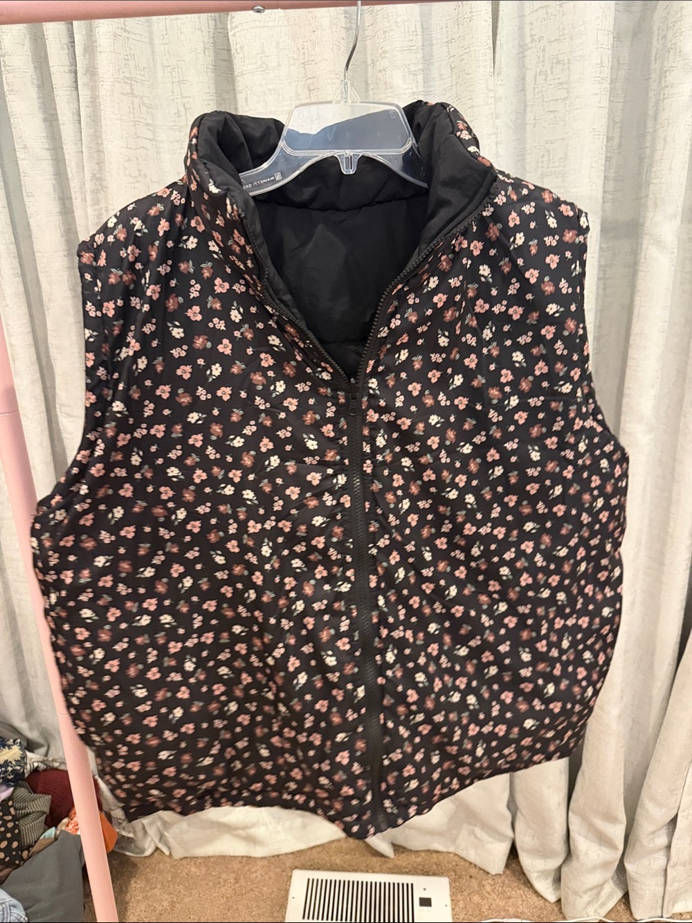 Black Floral Quilted Vest with Pink Blossom Print